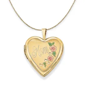 14k Yellow Gold and Enamel Mom Floral Heart Locket Necklace