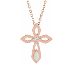 14K Yellow, White or Rose Gold Opal & Diamond Cross Necklace, 16-18 In