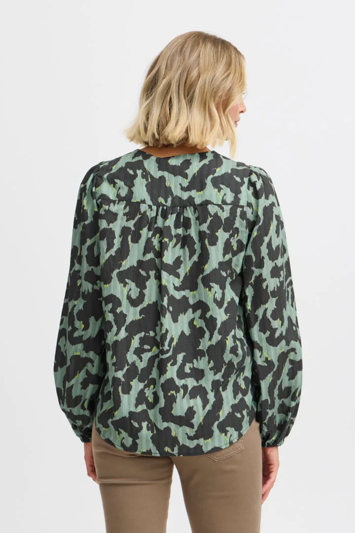 4115- Long Sleeve V Neck Blouse- Green Mix- Fransa