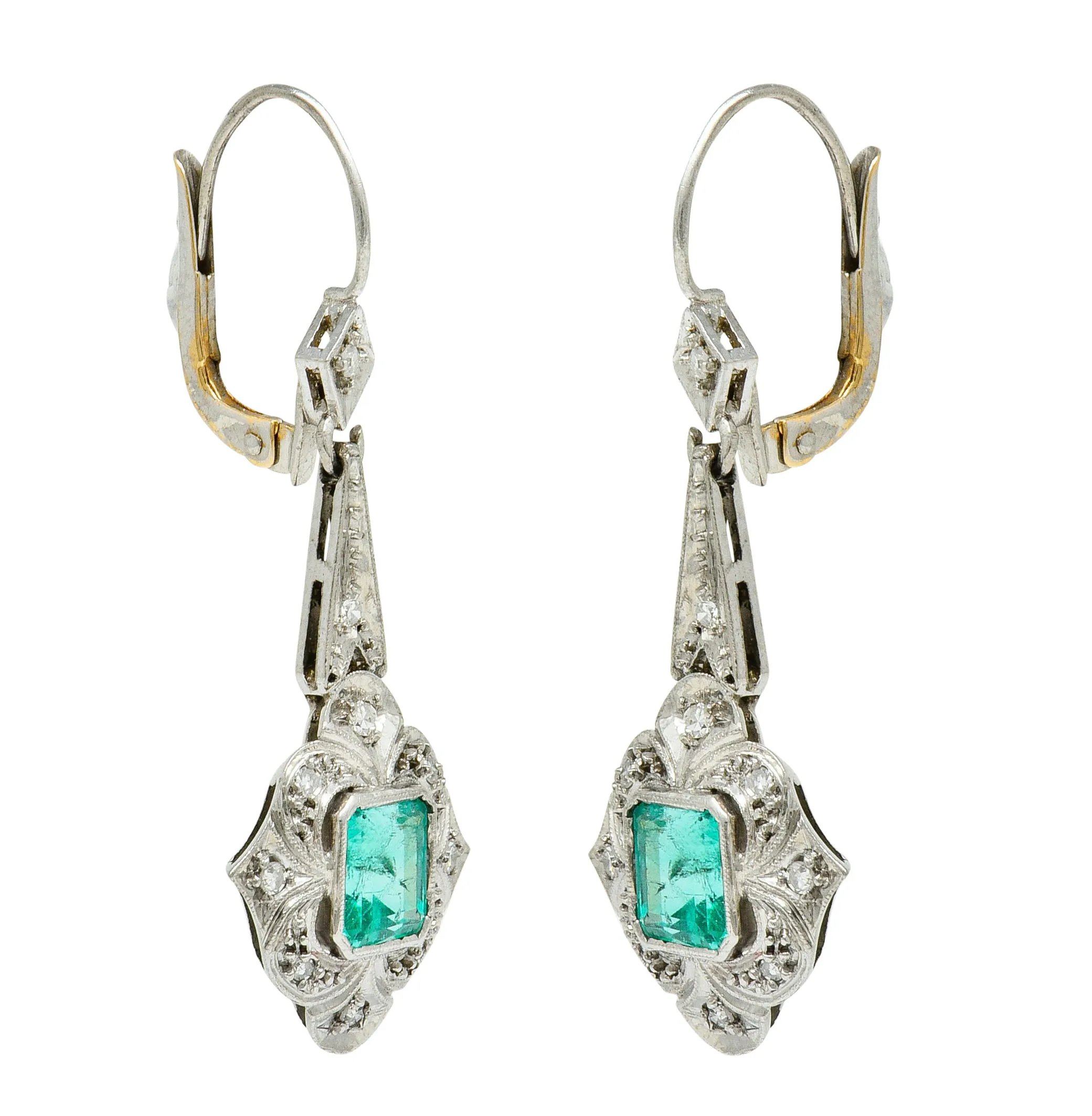 Art Deco 2.34 CTW Emerald Diamond Platinum Drop Earrings