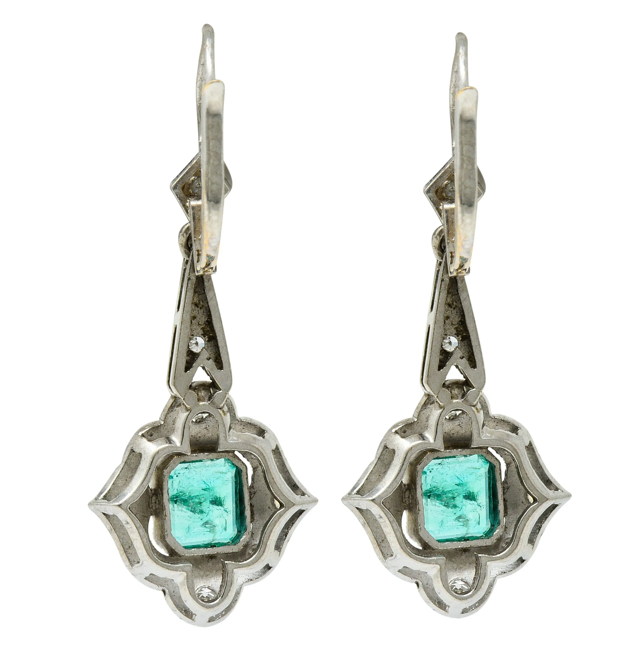 Art Deco 2.34 CTW Emerald Diamond Platinum Drop Earrings