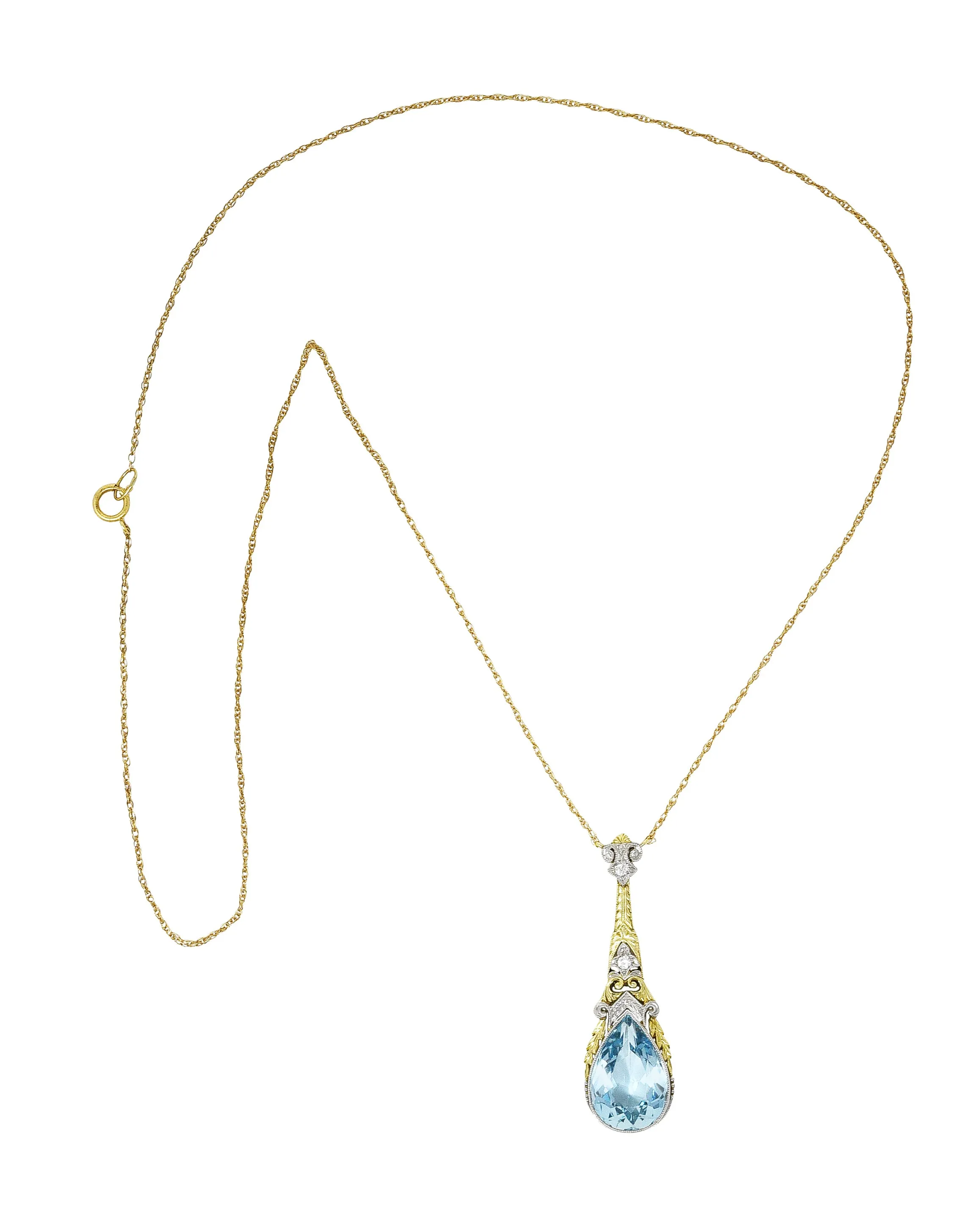 Art Deco Aquamarine Diamond Platinum 14 Karat Yellow Gold Pendant Station Necklace