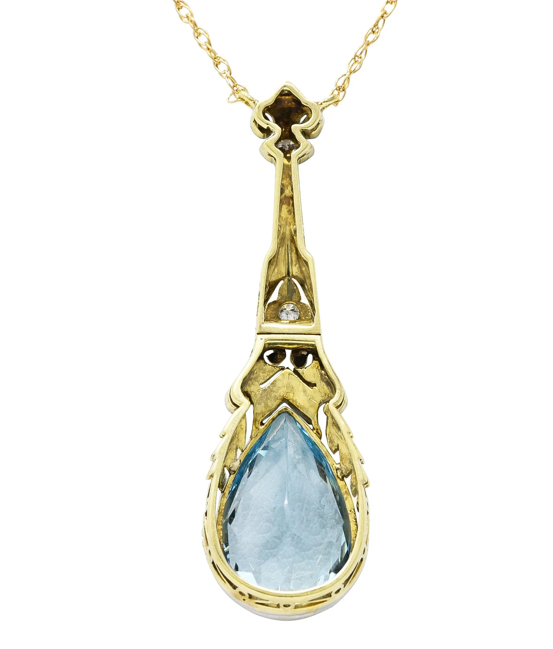 Art Deco Aquamarine Diamond Platinum 14 Karat Yellow Gold Pendant Station Necklace