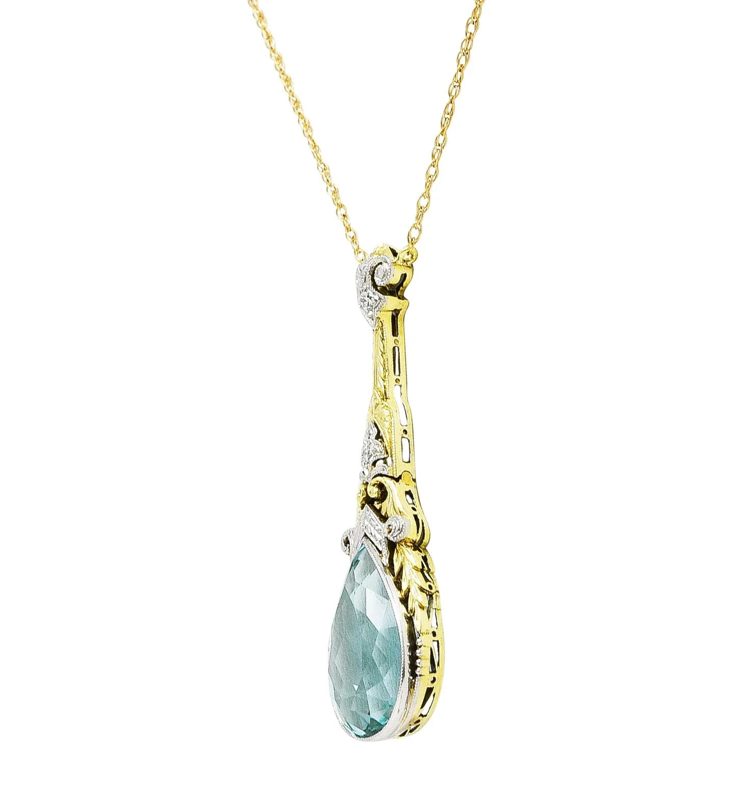 Art Deco Aquamarine Diamond Platinum 14 Karat Yellow Gold Pendant Station Necklace