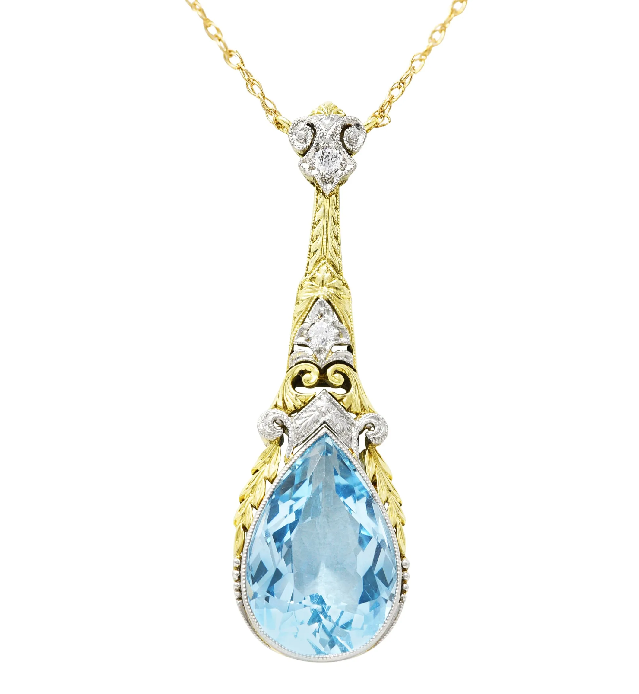 Art Deco Aquamarine Diamond Platinum 14 Karat Yellow Gold Pendant Station Necklace