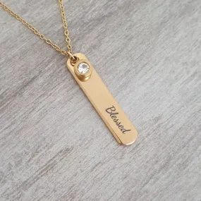 Bella Personalized Bar Necklace with Optional Birthstone, Gold Stainless Steel (READY IN 3 DAYS!)