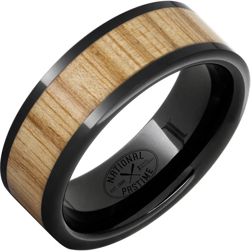 Black Diamond Ceramic Ring with Vintage White Ash Baseball Bat Wood Inlay