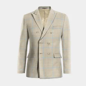  Blazer cruzada beige de algodón-lino príncipe de gales ligera