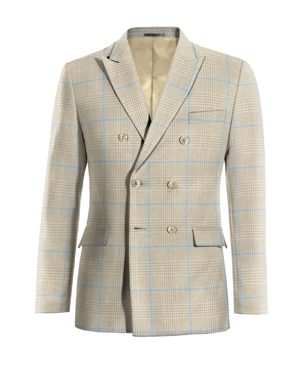  Blazer cruzada beige de algodón-lino príncipe de gales ligera