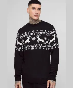 boohoo Mens Tall Reindeer Fairisle Panel Christmas Sweater