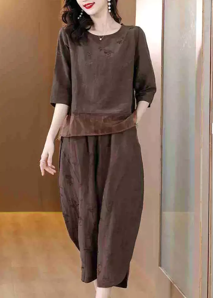 Brown Patchwork Linen Two-Piece Set Oversized Jacquard Spring HA1052