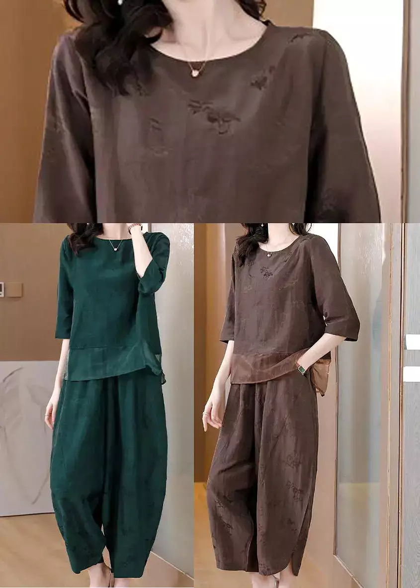 Brown Patchwork Linen Two-Piece Set Oversized Jacquard Spring HA1052