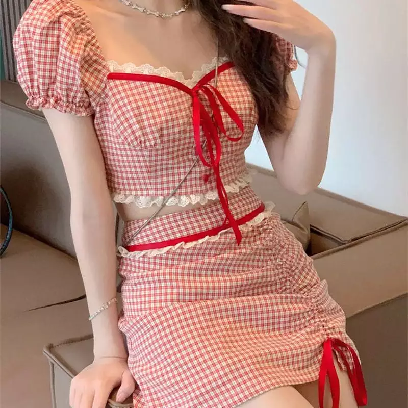 Cherry Plaid Summer Two Pieces Dress