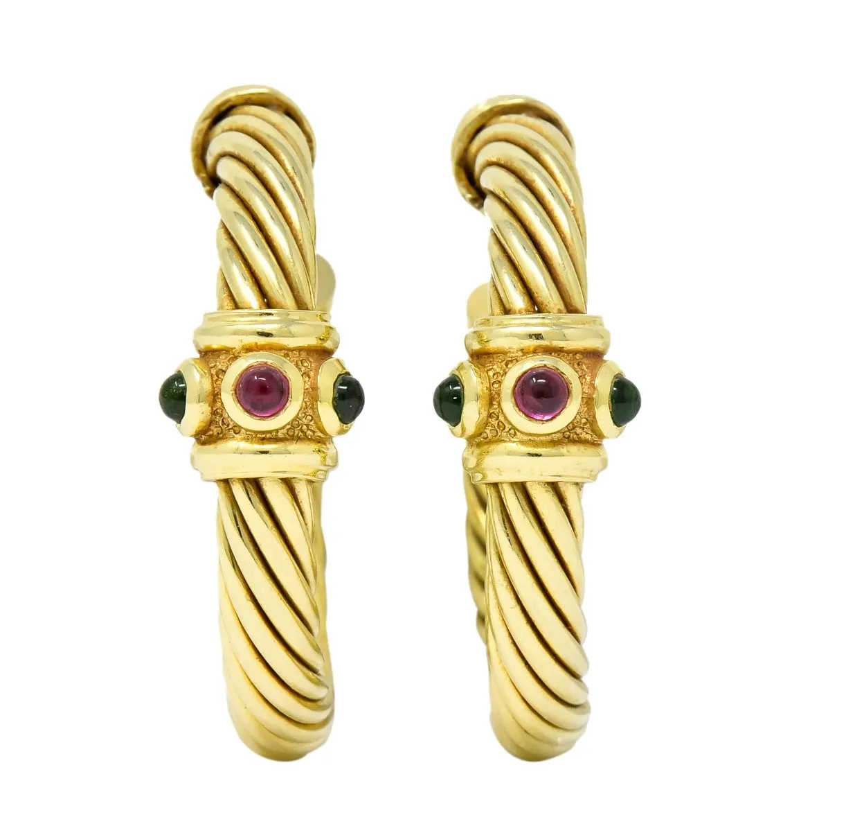 David Yurman Tourmaline Rhodolite Garnet 14 Karat Yellow Gold Hoop Earrings