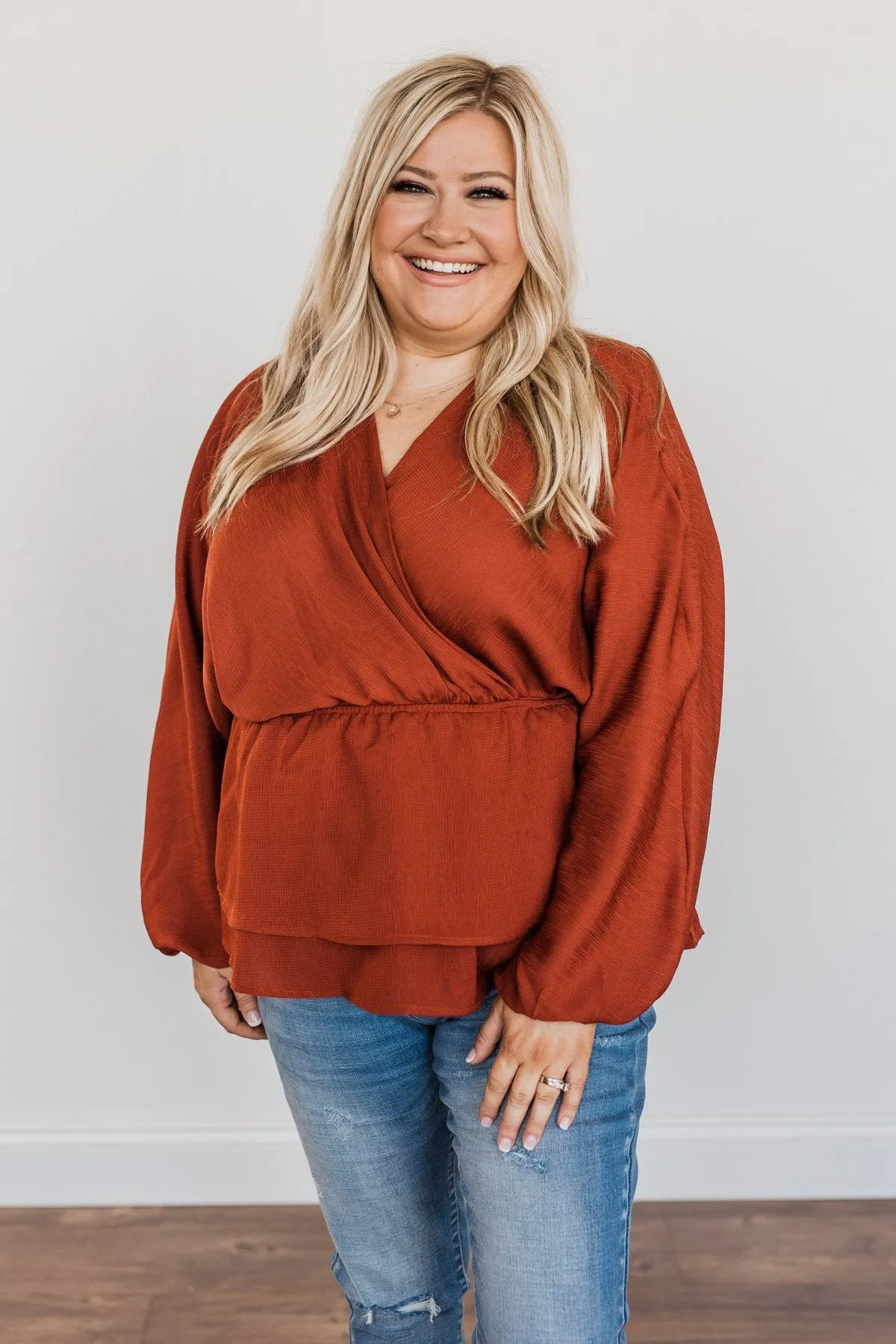 Effortlessly Elegant V-Neck Wrap Blouse- Deep Rust