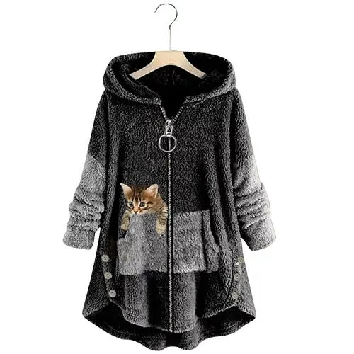 Fashion Cat Solid Color Cotton Blend Polyester Patchwork Coat Polar Fleece Coat