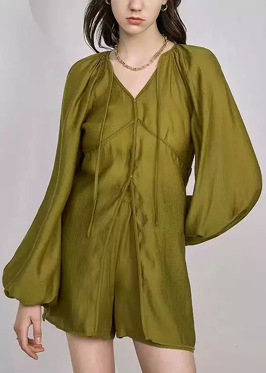 French Grass Green Lace Up Pockets Silk Two Piece Set Long Sleeve QA1044