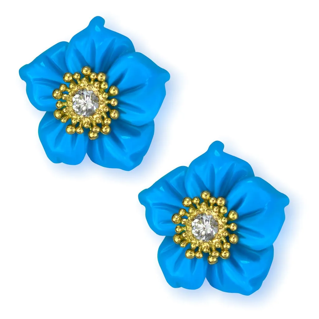 Gold Baby Blossom Earrings with Carved Turquoise & Topaz