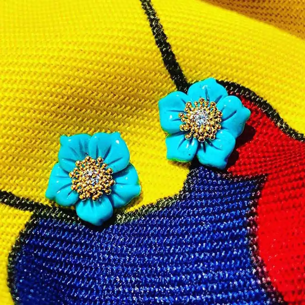 Gold Baby Blossom Earrings with Carved Turquoise & Topaz