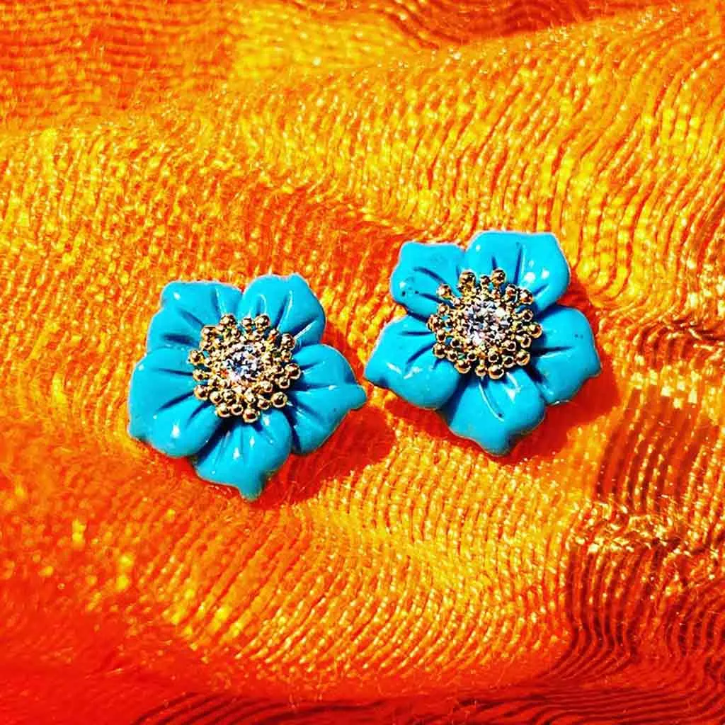 Gold Baby Blossom Earrings with Carved Turquoise & Topaz