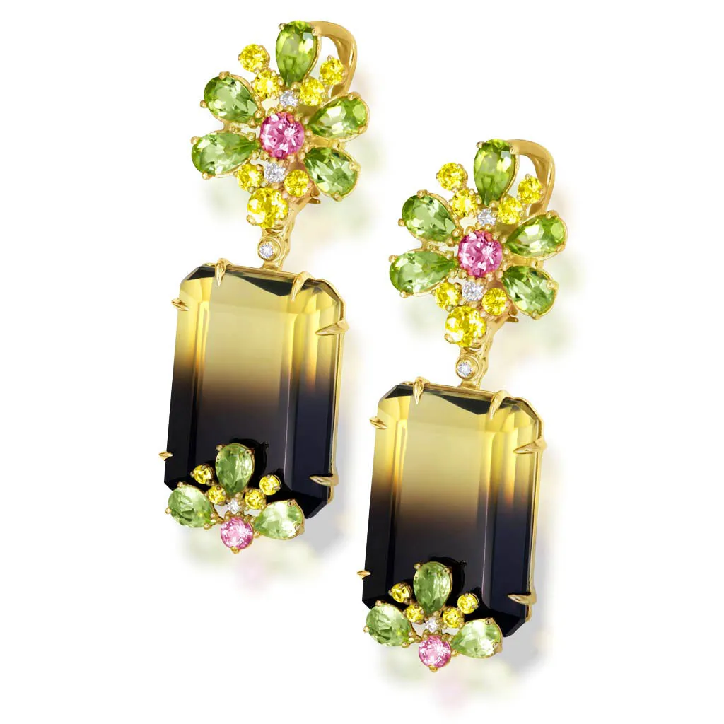 Gold Blossom Earrings with Quartz, Peridot & Sapphire