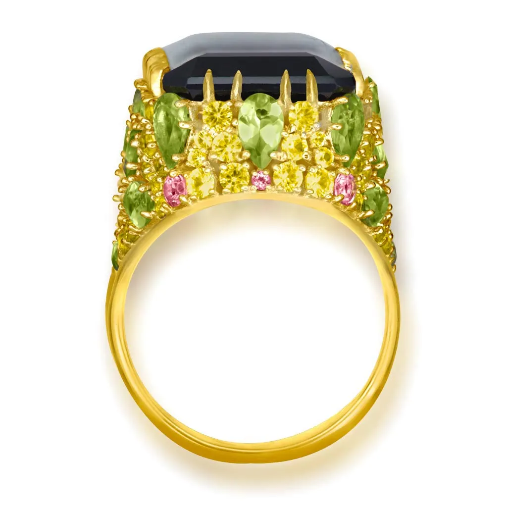 Gold Blossom Ring with Quartz, Peridot & Sapphire