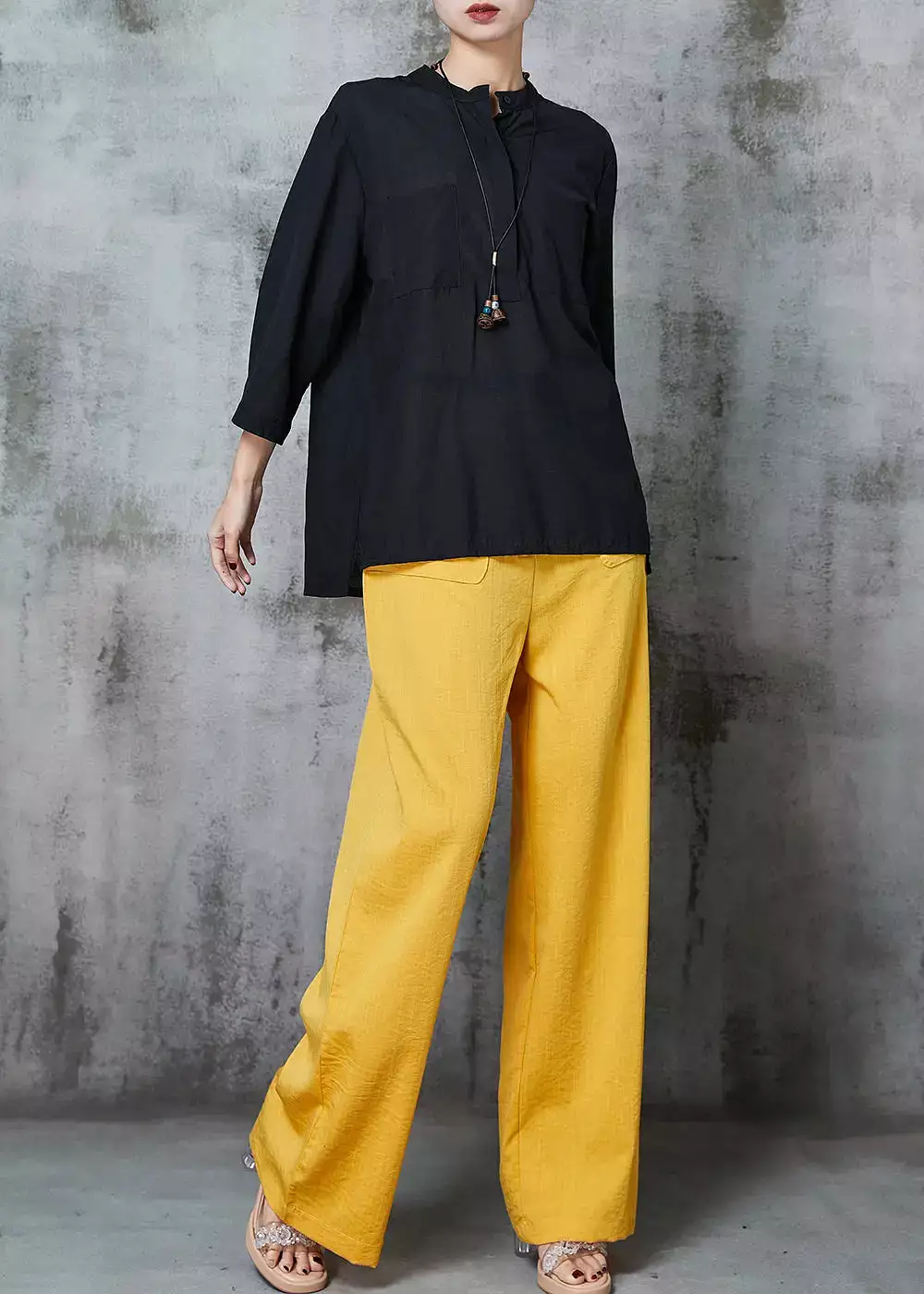 Handmade Black Oversized Pockets Linen Two Pieces Set Spring JK1010