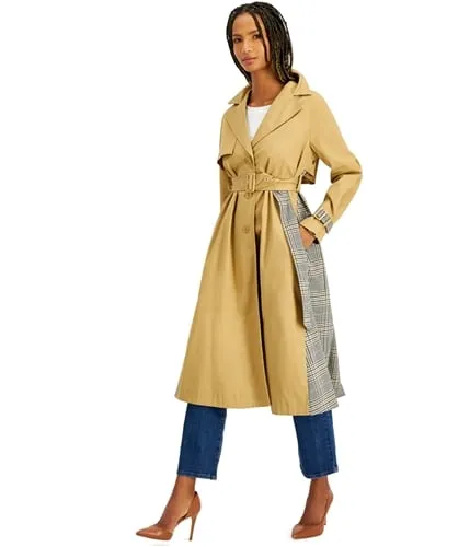 I-N-C Womens Mixed-Media Trench Coat