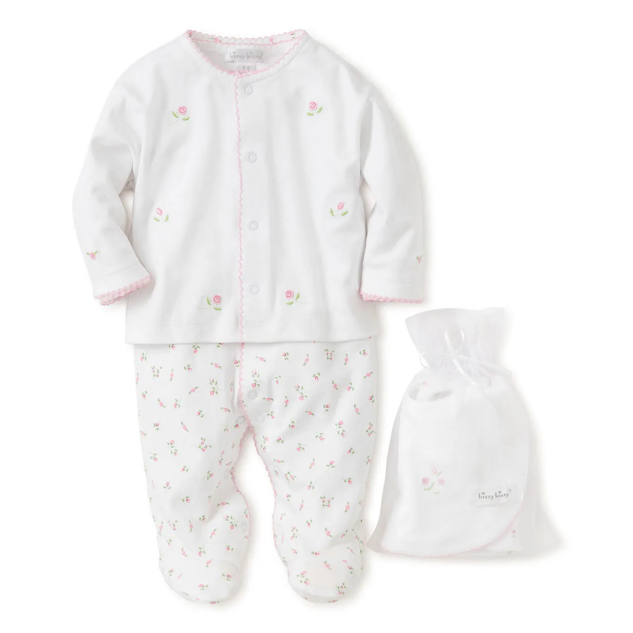 KISSY KISSY Four-Piece Garden Roses Cardigan, Babygrow, Bib & Hat Set - White