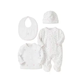 KISSY KISSY Four-Piece Garden Roses Cardigan, Babygrow, Bib & Hat Set - White