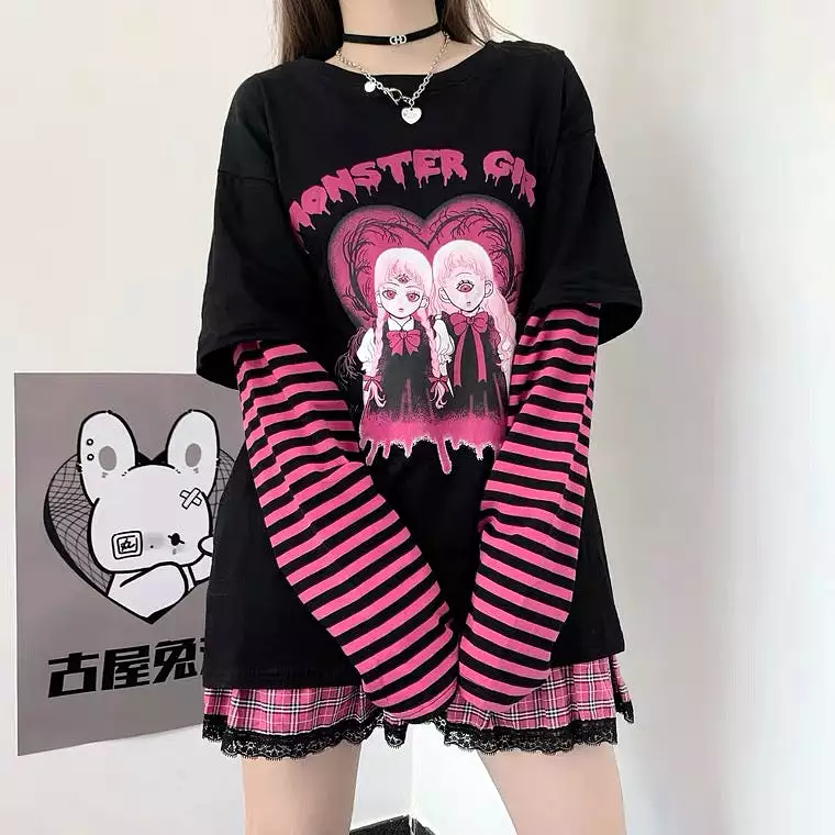 “MONSTER GIRL” BLACK AND PINK PUNK FAKE TWO PIECES SHIRT BY90189