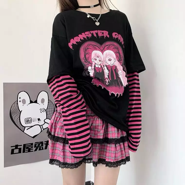 “MONSTER GIRL” BLACK AND PINK PUNK FAKE TWO PIECES SHIRT BY90189