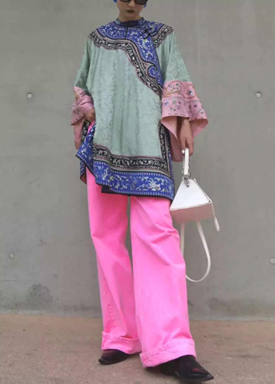 New Green Embroidered Tops And Pink Pants Cotton Two Pieces Set Spring AB1054