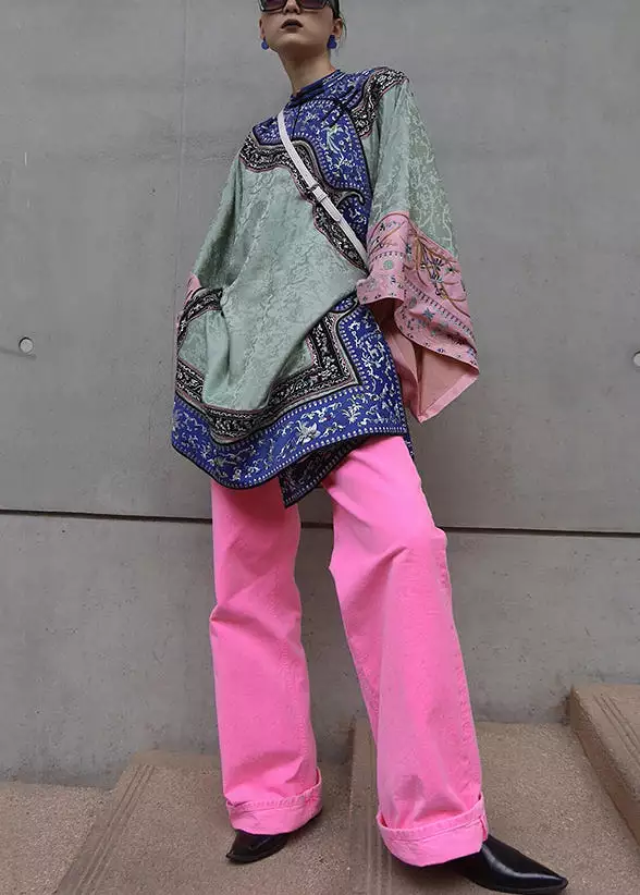 New Green Embroidered Tops And Pink Pants Cotton Two Pieces Set Spring AB1054