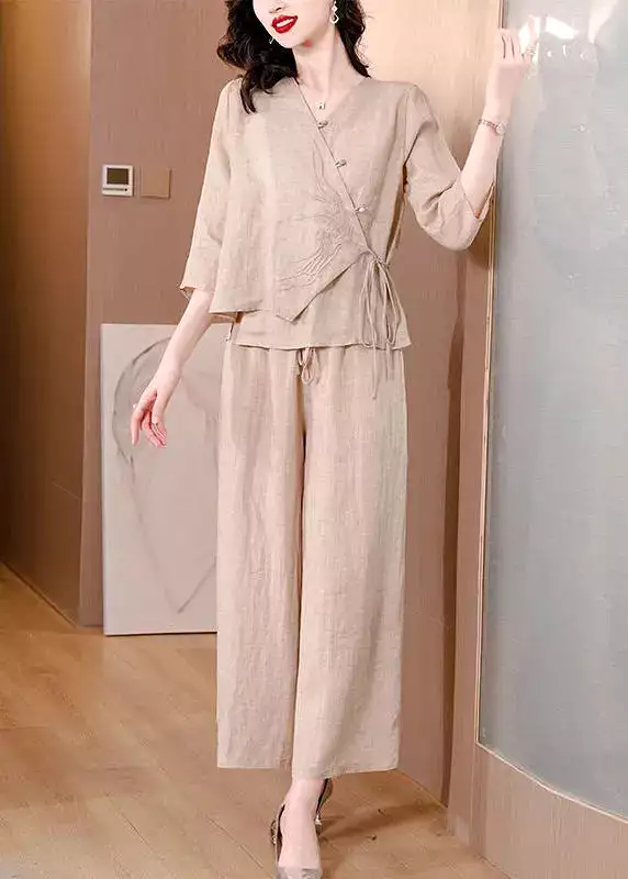 Plus Size Beige Asymmetrical Tie Waist Linen Two Pieces Set Spring HA1036