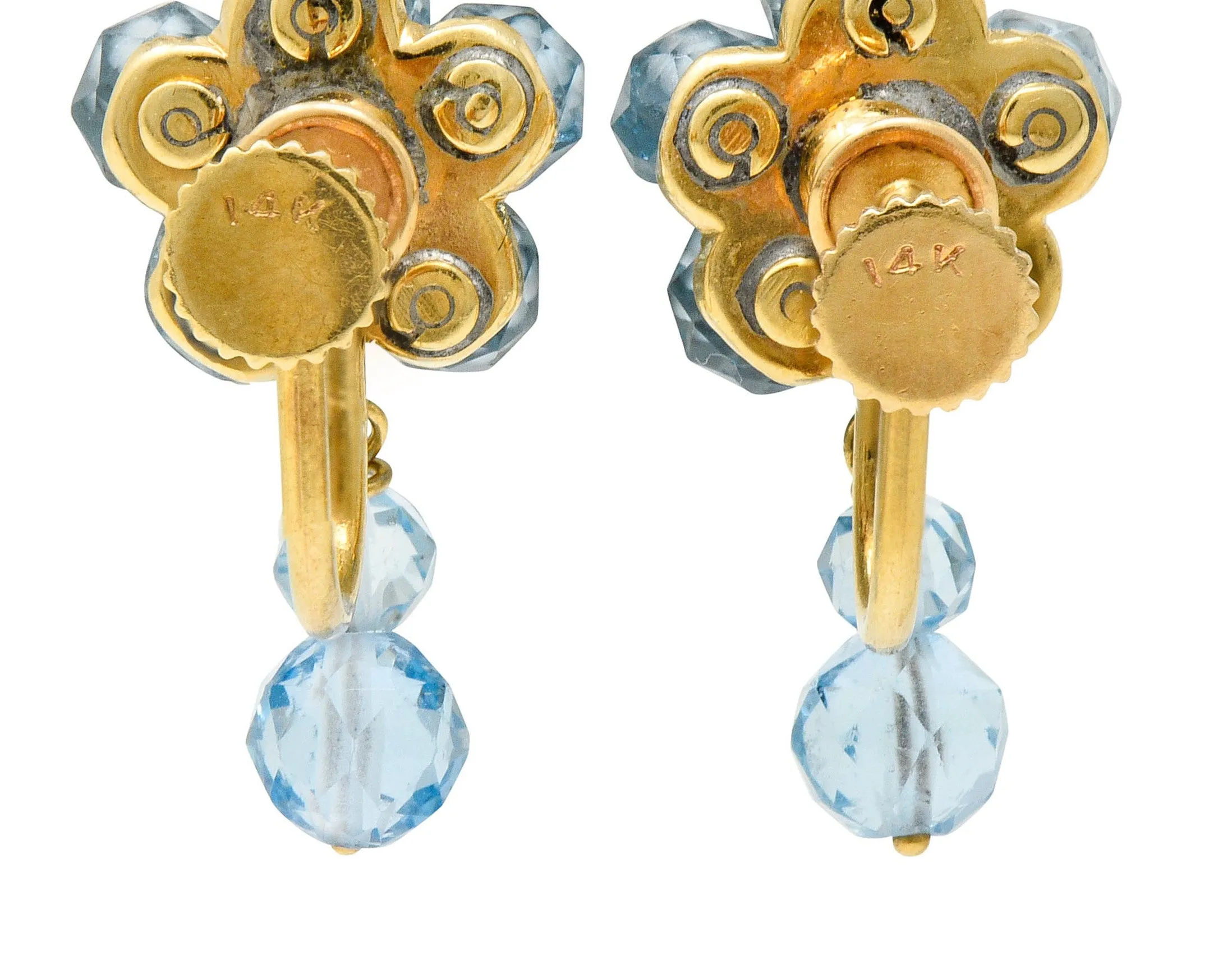 Retro Aquamarine 14 Karat Gold Floral Cluster Screwback Earrings