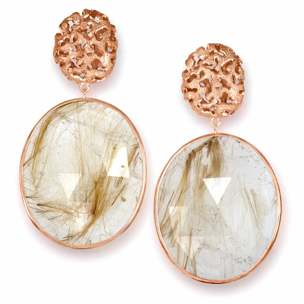 Rose Gold Moneta Drop Earrings with Rutilated Quartz