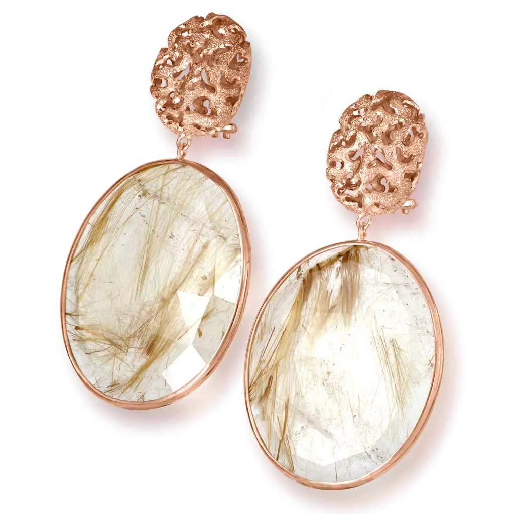 Rose Gold Moneta Drop Earrings with Rutilated Quartz