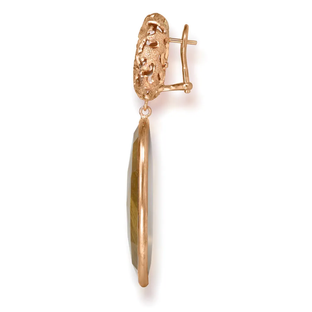 Rose Gold Moneta Drop Earrings with Rutilated Quartz