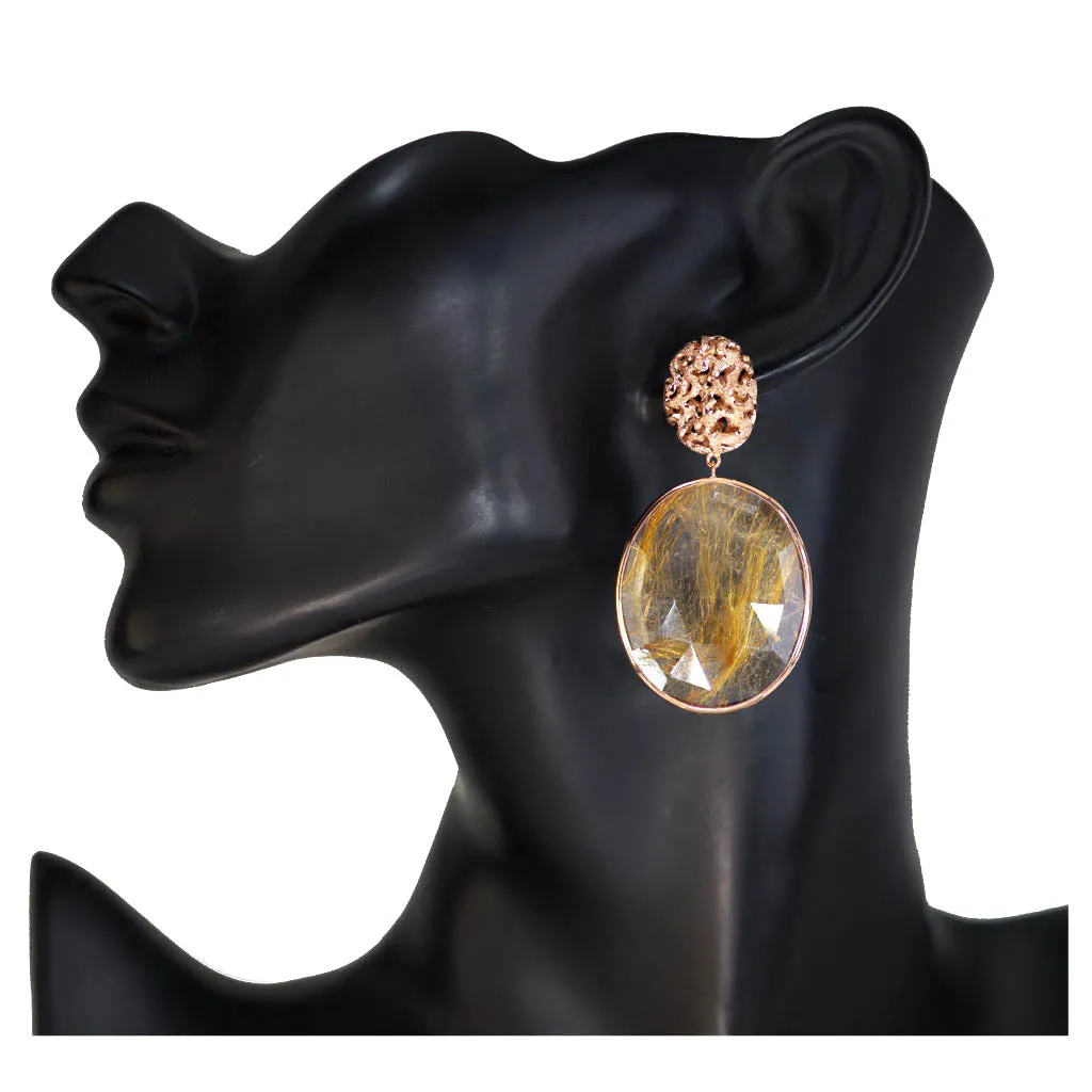 Rose Gold Moneta Drop Earrings with Rutilated Quartz