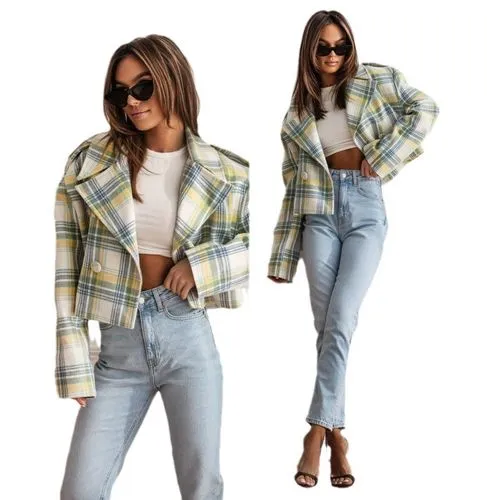 Streetwear Plaid Double Breasted Coat Casual Jacket