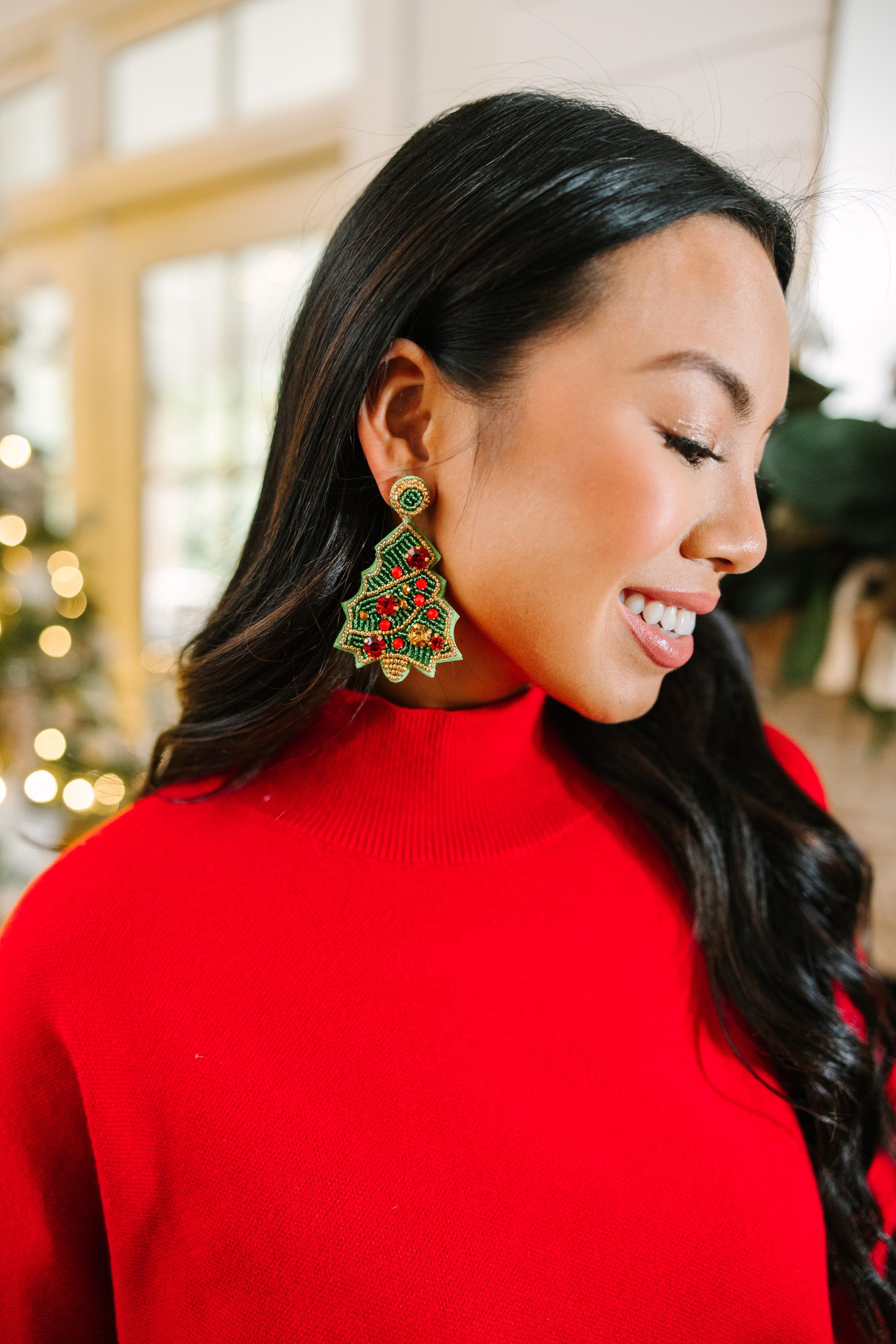 Tis The Season Green Christmas Tree Beaded Earrings