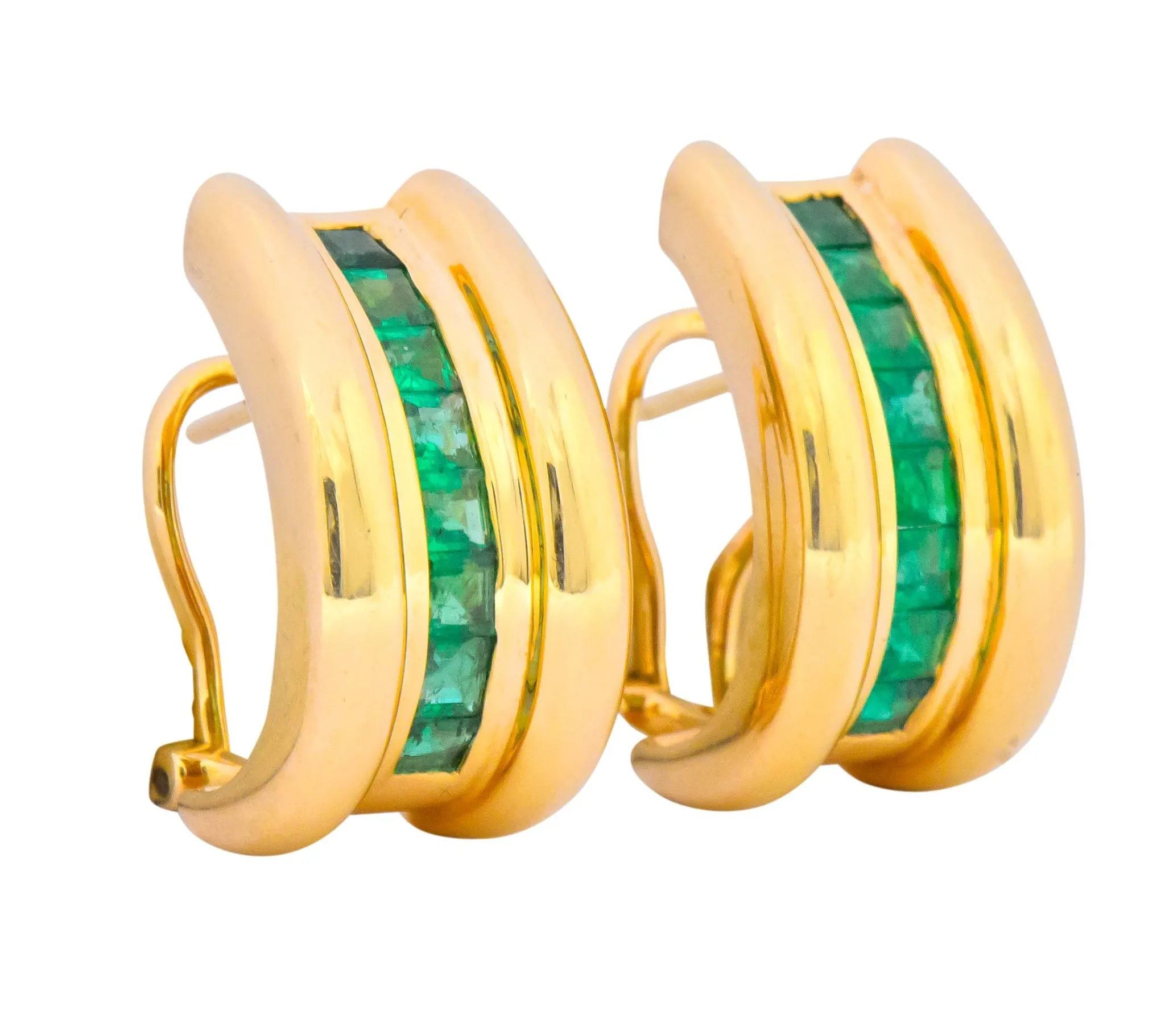 Vintage 2.40 CTW Emerald 14 Karat Yellow Gold J Hoop Earrings