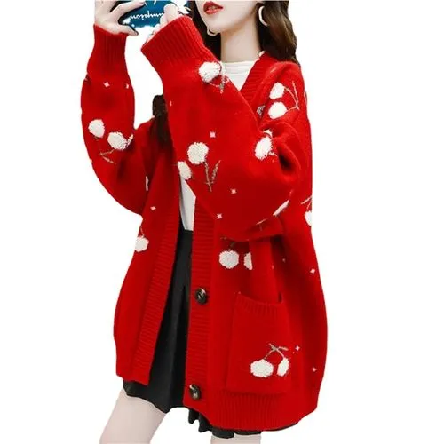 Women's Cardigan Long Sleeve Sweaters & Cardigans Pocket Fashion Cherry