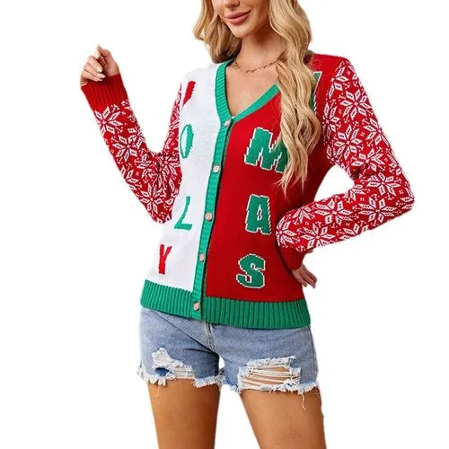 Women's Cardigan Sweater Long Sleeve Sweaters & Cardigans Jacquard Contrast Binding Christmas Letter Color Block