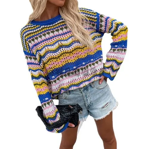 Women's Knitwear Long Sleeve Sweaters & Cardigans Patchwork Rib-knit Fashion Stripe