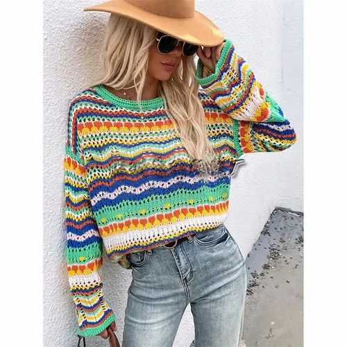 Women's Knitwear Long Sleeve Sweaters & Cardigans Patchwork Rib-knit Fashion Stripe