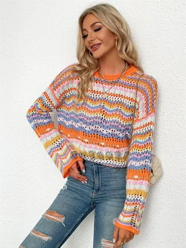 Women's Knitwear Long Sleeve Sweaters & Cardigans Patchwork Rib-knit Fashion Stripe