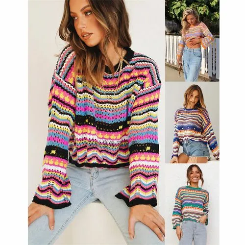 Women's Knitwear Long Sleeve Sweaters & Cardigans Patchwork Rib-knit Fashion Stripe