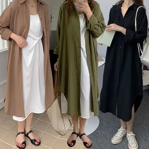 Women's Shirt Dress Casual Turndown Long Sleeve Solid Color Midi Dress Daily